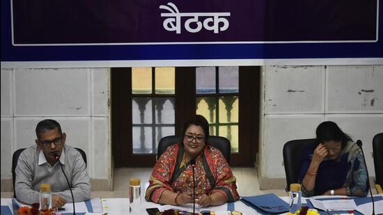Gurugram, India - February 24, 2021: Municipal Corporation Gurugram (MCG) Commissioner Mukesh Kumar Ahuja (L) with Mayor Madhu Azad (C) during a general body meeting at John Hall, in Gurugram, India, on Thursday, February 24, 2021. (Photo by Vipin Kumar / Hindustan Times) (Vipin Kumar /HT PHOTO) Gurugram, India - February 24, 2021: Municipal Corporation Gurugram (MCG) Commissioner Mukesh Kumar Ahuja (L) with Mayor Madhu Azad (C) during a general body meeting at John Hall, in Gurugram, India, on Thursday, February 24, 2021. (Photo by Vipin Kumar / Hindustan Times) (Vipin Kumar /HT PHOTO)