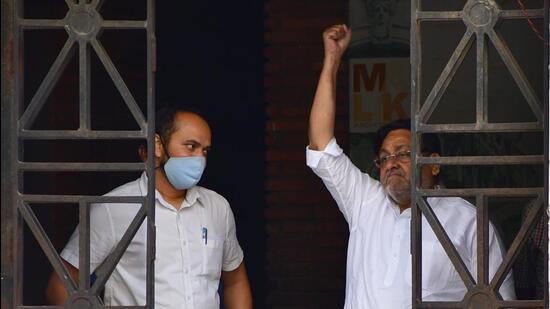 Maharashtra minister and NCP leader Nawab Malik makes a gesture, in Mumbai on Wednesday. (HT PHOTO)