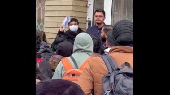 Screenshot from a viral video of Indian students outside the Indian Embassy in Kyiv.