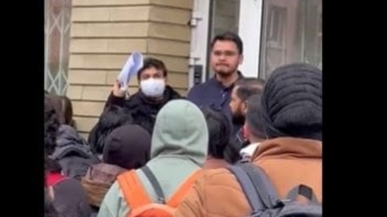 Screenshot from a viral video of Indian students outside the Indian Embassy in Kyiv.