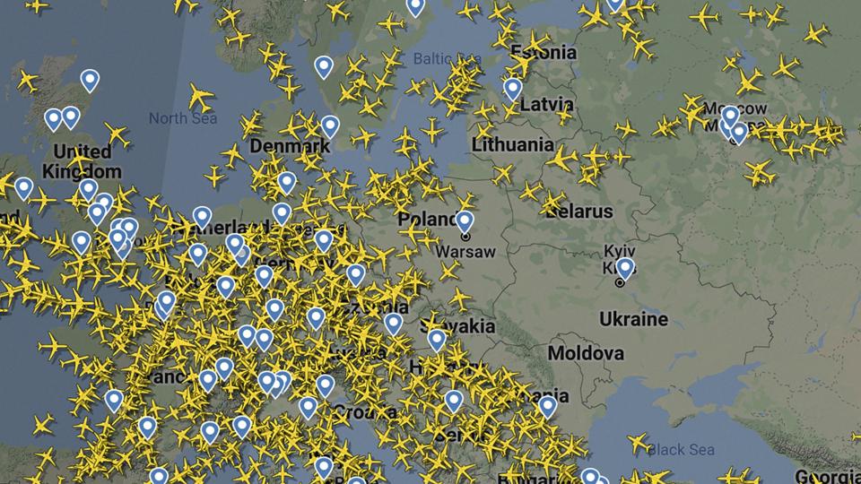 A screenshot made available by Flightradar24.com that shows the clear airspace over Ukraine on Thursday Feb. 24, 2022 not long after Russian troops launched their anticipated attack on Ukraine. (AP/PTI) A screenshot made available by Flightradar24.com that shows the clear airspace over Ukraine on Thursday Feb. 24, 2022 not long after Russian troops launched their anticipated attack on Ukraine. (AP/PTI)