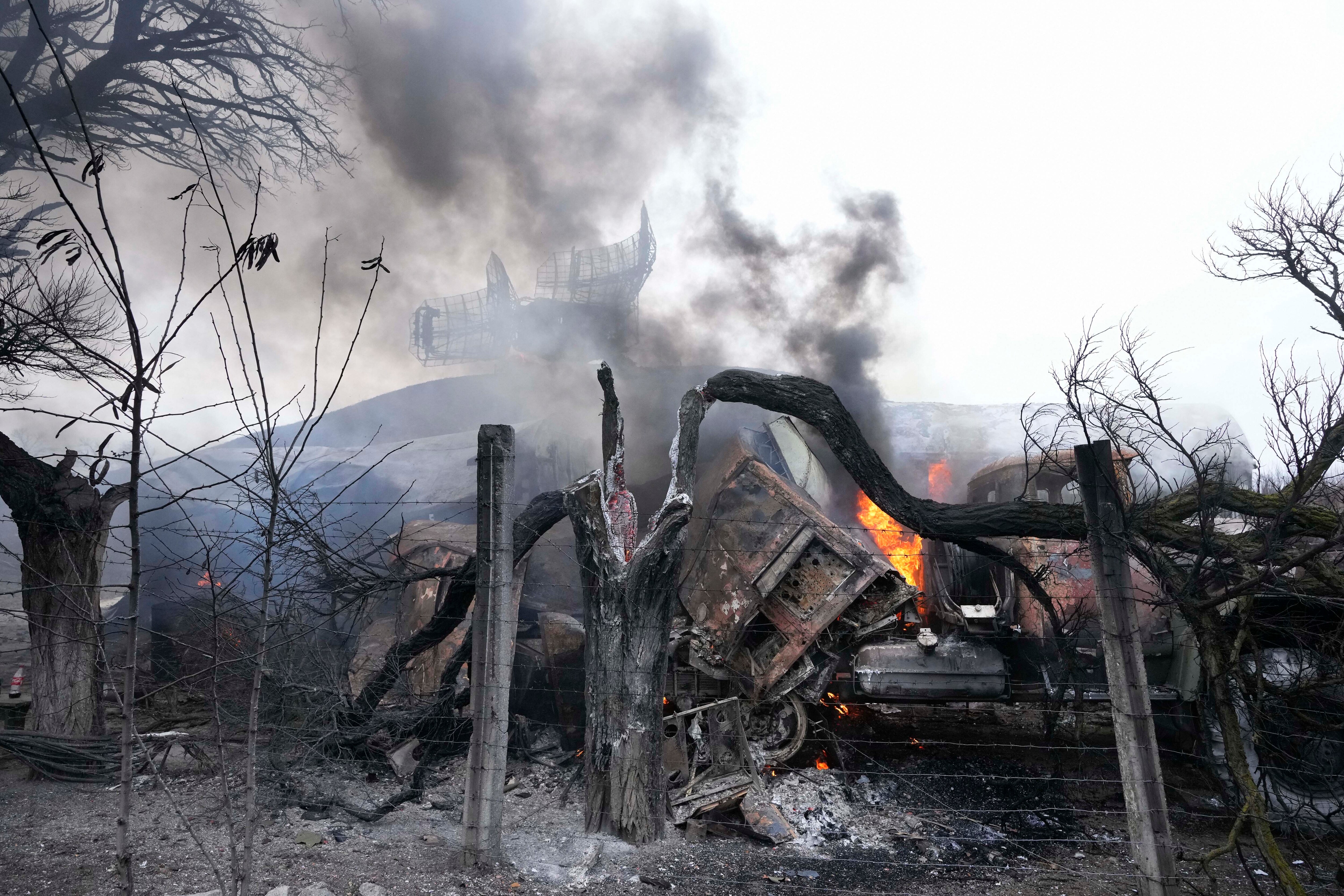 Damaged radar arrays and other equipment is seen at Ukrainian military facility outside Mariupol, Ukraine (AP)