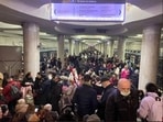 People taking shelter in a metro rail train station in Kharkiv. (Sourced)