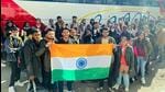 First batch of Indian students holding the national flag before leaving for the Ukraine-Romania border from Chernivtsi, on Friday. (REPRESENTATIVE PHOTO) First batch of Indian students holding the national flag before leaving for the Ukraine-Romania border from Chernivtsi, on Friday. (REPRESENTATIVE PHOTO)