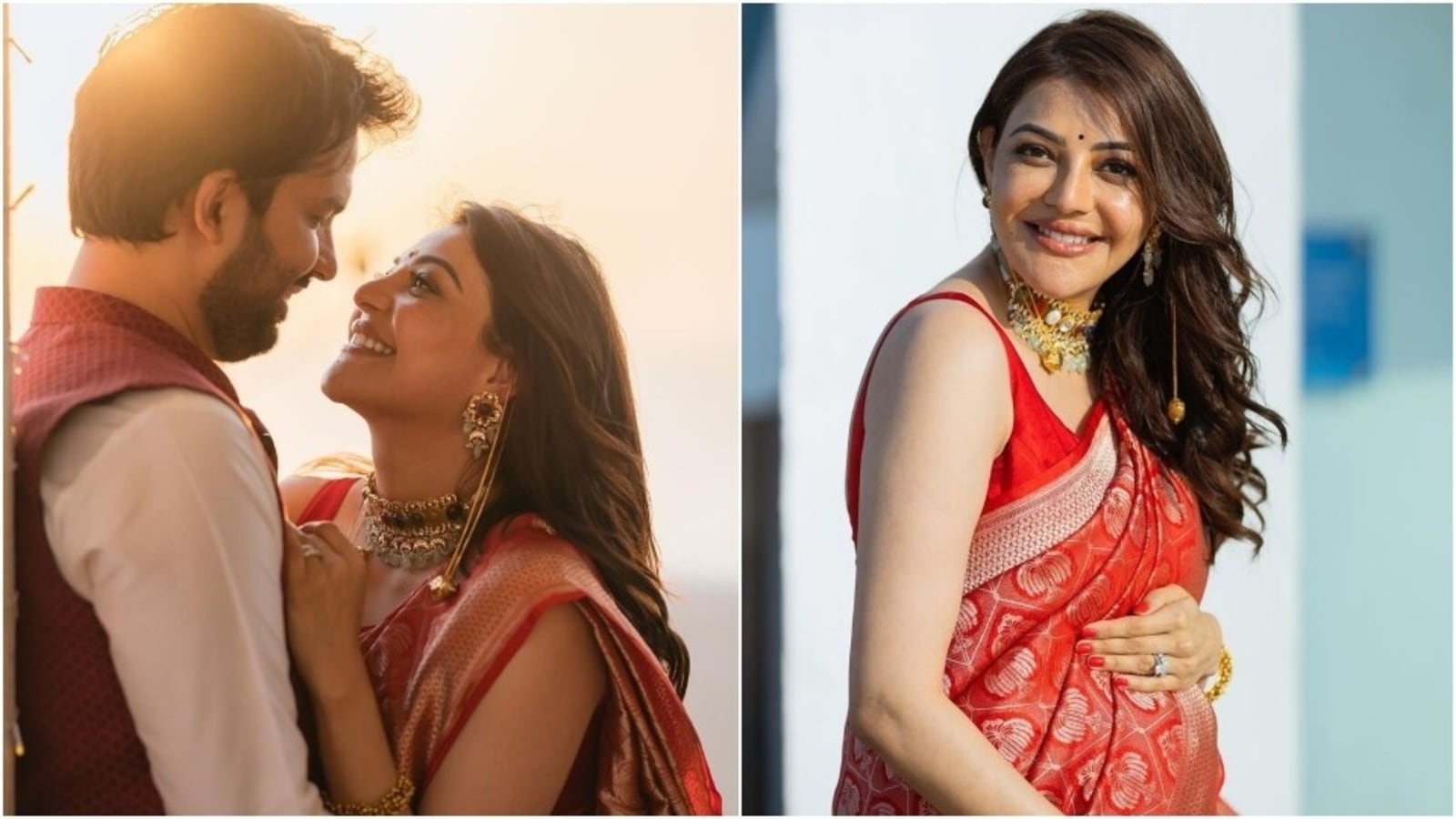 Pregnant Kajal Aggarwal in red silk saree is the most beautiful