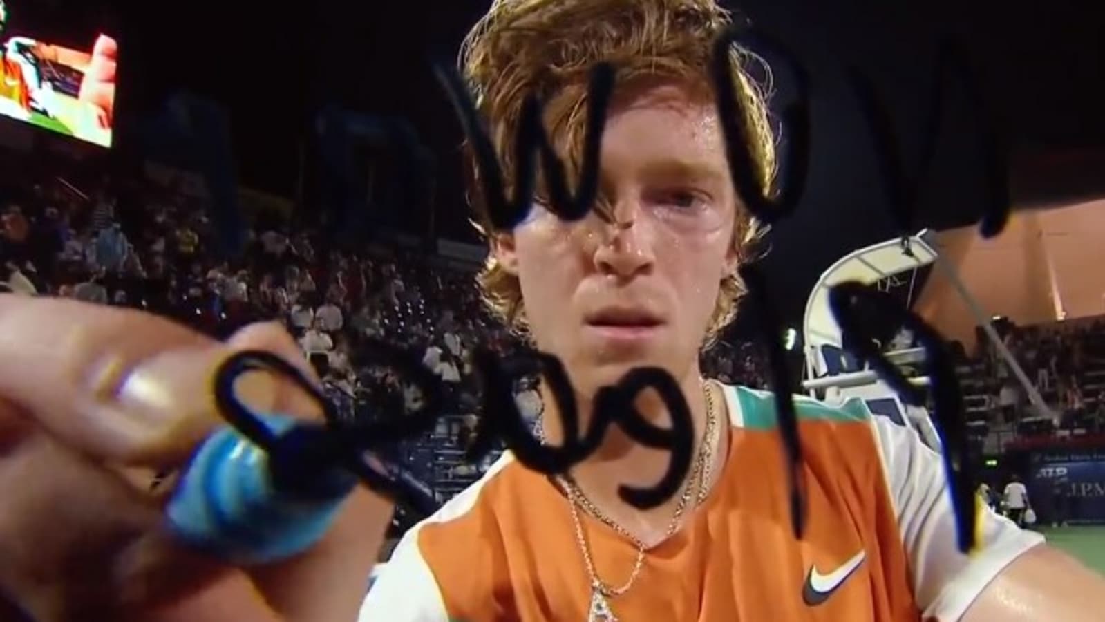 Russia's Andrey Rublev writes 'No war please' at Dubai Open