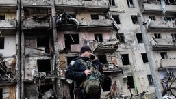 A fire-damaged building following a blast during Russian artillery strikes in Kyiv, Ukraine.&nbsp;