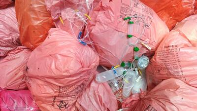 Untreated bio-medical waste, including glucose bottles, syringes, vials, gloves, pipes, etc., was found in around 100 red and yellow medical garbage bags at the scrap dealer’s godown in Kambali village, Mohali, on Friday. (HT Photo) Untreated bio-medical waste, including glucose bottles, syringes, vials, gloves, pipes, etc., was found in around 100 red and yellow medical garbage bags at the scrap dealer’s godown in Kambali village, Mohali, on Friday. (HT Photo)