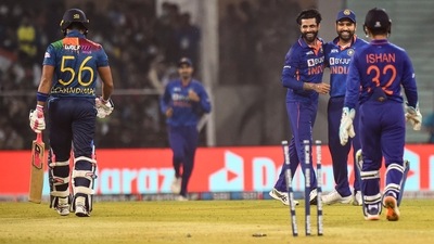 Indian bowler Ravindra Jadeja celebrates with team captain Rohit Sharma after the wicket of Sri Lankan batsman Dinesh Chandimal, during the 1st T20 cricket match between India and Sri Lanka, at Bharat Ratna Shri Atal Bihari Vajpayee Ekana cricket stadium, in Lucknow. (PTI) Indian bowler Ravindra Jadeja celebrates with team captain Rohit Sharma after the wicket of Sri Lankan batsman Dinesh Chandimal, during the 1st T20 cricket match between India and Sri Lanka, at Bharat Ratna Shri Atal Bihari Vajpayee Ekana cricket stadium, in Lucknow. (PTI)