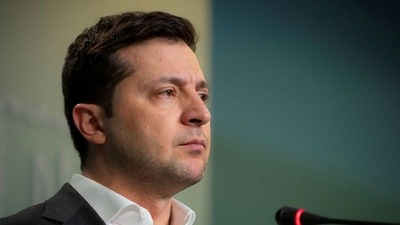 Ukrainian President Volodymyr Zelenskiy attends a news briefing in Kyiv. (via Reuters)