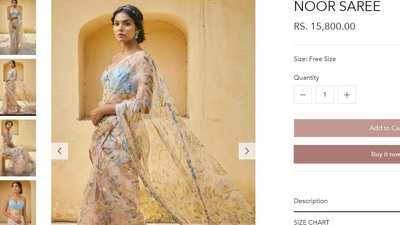 If you wish to buy Rhea's saree and blouse for your wedding wardrobe, we have found the price details of her look. The six yards is called the Noor saree, and it is available on the Baise Gaba website. It is worth  <span class='webrupee'>₹</span>15,800. (baisegaba.com)