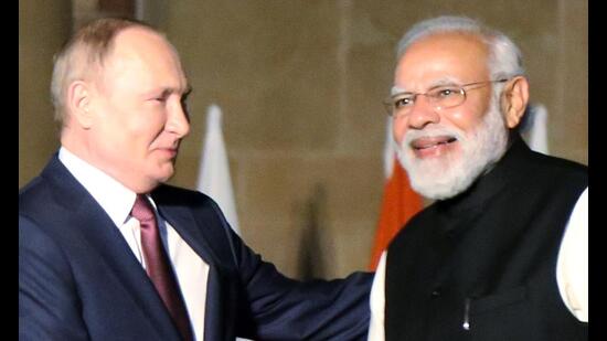 Prime Minister Narendra Modi with Russian President Vladimir Putin at Hyderabad House in New Delhi. (ANI FILE PHOTO)