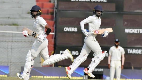 Tamil Nadu's Baba Aparajith and B Indrajith running between the wicket during the 1st day of Ranji Trophy match between Tamil Nadu and Chhattisgarh(ANI)