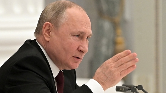 Russian President Vladimir Putin speaks during a Security Council meeting in the Kremlin in Moscow, Russia, Monday, Feb. 21, 2022. (Alexei Nikolsky, Sputnik, Kremlin Pool Photo via AP)