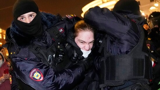 Police officers detain a demonstrator in St. Petersburg, Russia, Thursday, Feb. 24, 2022.&nbsp;(AP)