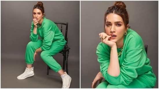 Kriti Sanon showed how to be comfy and look stylish in lounge wear as she struck poses in a green joggers set.(Instagram/@kritisanon)