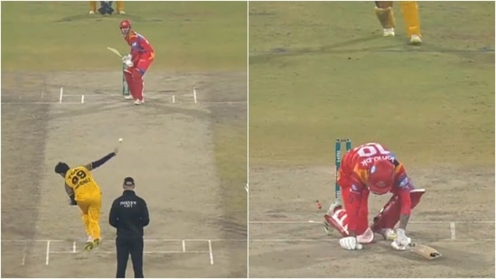 Salman Irshad dismisses Alex Hales with a toe-crushing yorker. (Twitter/PSL)