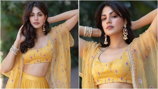 Rhea styled her yellow-hued ensemble with centre-parted open tresses, polki and gold bangles, matching earrings, blush pink lip shade, matching eye shadow, soft mascara-adorned lashes, and a dewy make-up base.(Instagram/@rhea_chakraborty)