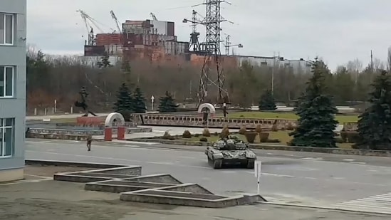 Russian T-72 tank outside devastated Chernobyl nuclear plant in Ukraine on Thursday.(Getty Images)