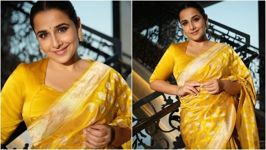 Vidya Balan in a yellow silk saree.