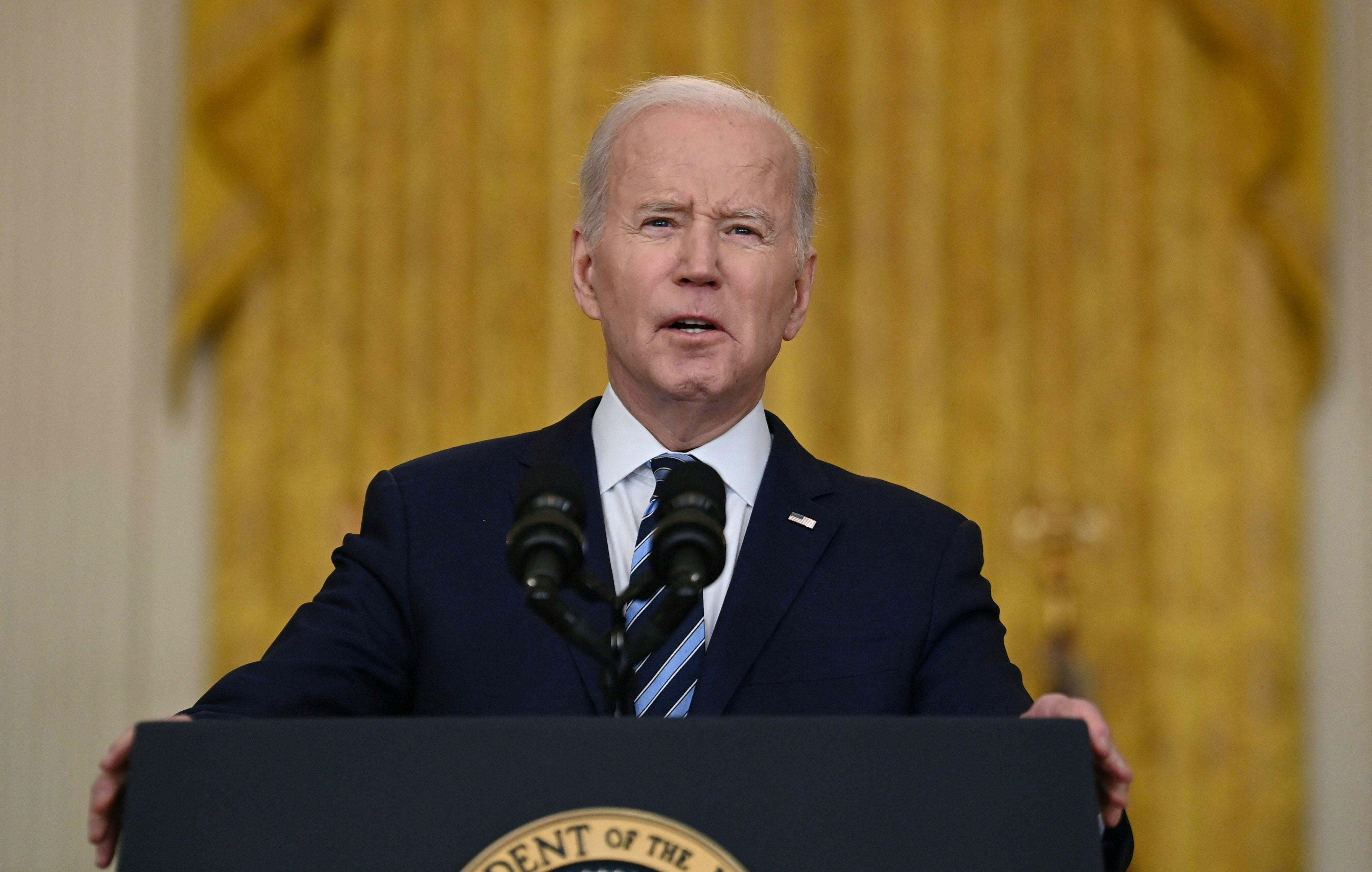 US President Joe Biden addresses the Russian invasion of Ukraine, from the East Room of the White House on February 24, 2022, in Washington, DC. (AFP) US President Joe Biden addresses the Russian invasion of Ukraine, from the East Room of the White House on February 24, 2022, in Washington, DC. (AFP)