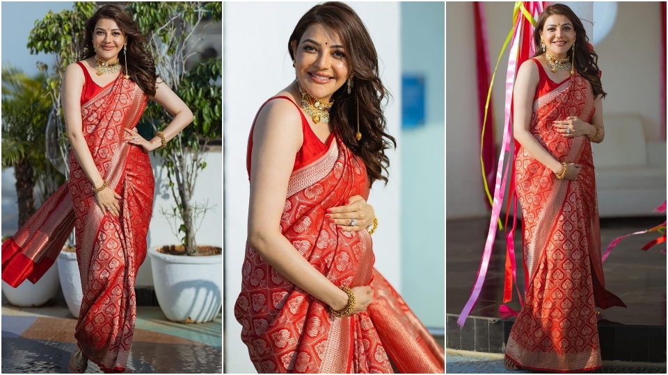 Pregnant Kajal Aggarwal in red silk saree is the most beautiful mom-to-be
