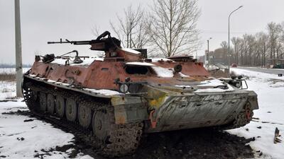 A destroyed Russian military vehicle is seen on the roadside on the outskirts of Kharkiv, Ukraine on Saturday. (AFP) A destroyed Russian military vehicle is seen on the roadside on the outskirts of Kharkiv, Ukraine on Saturday. (AFP)