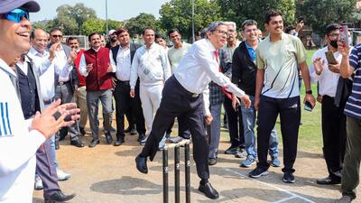 Chief Justice of India (CJI) NV Ramana inaugurates the cricket tournament of the Supreme Court Bar Association (SCBA) at the cricket ground of Modern School at Barakhamba Road, in New Delhi on Saturday. (PTI)