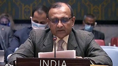 TS Tirumurti, the permanent representative to the UN, said India chose to abstain on the UNSC resolution on Ukraine because the path of diplomacy was given up. (ANI) (HT_PRINT) TS Tirumurti, the permanent representative to the UN, said India chose to abstain on the UNSC resolution on Ukraine because the path of diplomacy was given up. (ANI) (HT_PRINT)