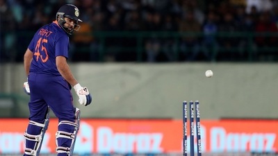 Dharamsala, Feb 26 (ANI): India's captain Rohit Sharma gets clean bowled by Sri Lanka's Dushmantha Chameera during the 2nd T20 match against Sri Lanka, at HPCA Stadium, in Dharamsala on Saturday. (ANI Photo) (ANI)