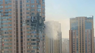 Ukrainian foreign minister Dmytro Kuleba shared the picture of the missile-hit building on Twitter. (Twitter- @DmytroKuleba) Ukrainian foreign minister Dmytro Kuleba shared the picture of the missile-hit building on Twitter. (Twitter- @DmytroKuleba)