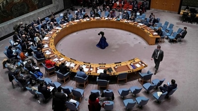 Ukraine Permanent Representative to the United Nations Sergiy Kyslytsya (R) walks to his seat during an emergency meeting of the UN Security Council on Ukraine in New York on February 23, 2022. (AFP) Ukraine Permanent Representative to the United Nations Sergiy Kyslytsya (R) walks to his seat during an emergency meeting of the UN Security Council on Ukraine in New York on February 23, 2022. (AFP)