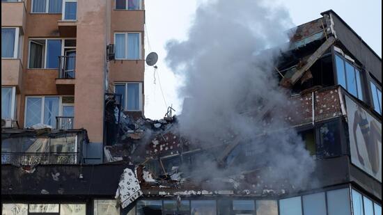 A damaged residential building following Russian missile strikes in Kyiv, Ukraine, on Saturday. (Bloomberg)