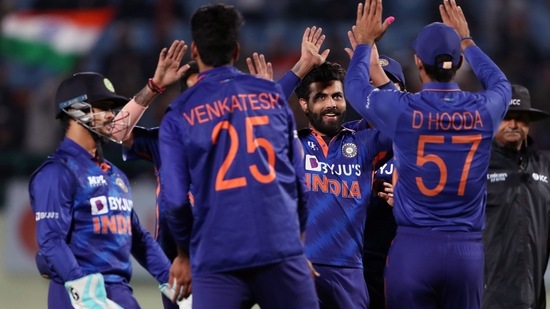 Dharamsala, Feb 26 (ANI): Indian spinner Ravindra Jadeja celebrates the wicket of Sri Lanka's Danushka Gunathilaka with teammates during the 2nd T20 match between India and Sri Lanka, in Dharamsala on Saturday. (ANI Photo)(ANI)
