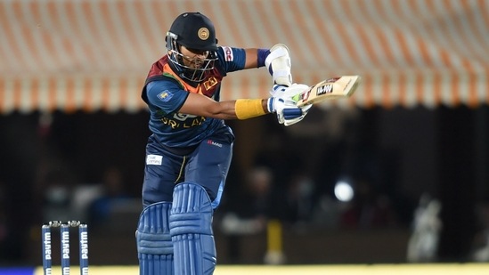 Dharamshala: Sri Lanka's Dasun Shanaka plays a shot during the 2nd T20I cricket match between India and Sri Lanka at HPCA Cricket Stadium, in Dharamshala, Saturday, Feb. 26, 2022. (PTI Photo/Vijay Verma) (PTI02_26_2022_000272B)(PTI)