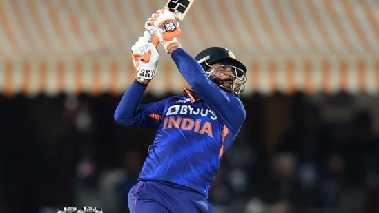 Dharamshala: India�s Ravindra Jadeja plays a shot during the 2nd T20I cricket match between India and Sri Lanka at HPCA Cricket Stadium, in Dharamshala, Saturday Feb. 26, 2022. (PTI Photo/Vijay Verma) (PTI02_26_2022_000312B)(PTI)