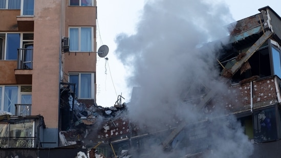 A damaged residential building following Russian missile strikes in Kyiv, Ukraine, on Saturday.(Bloomberg)