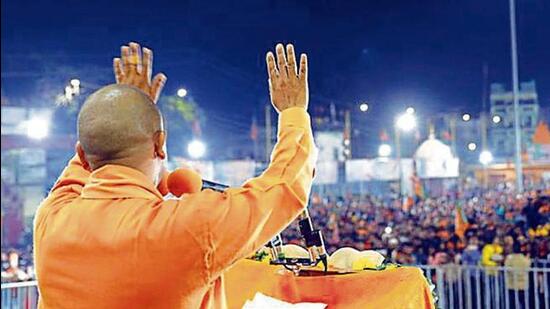 Chief minister Yogi Adityanath addressing a rally in Gorakhpur on Saturday. (ANI PHOTO)