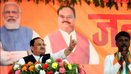 BJP national president JP Nadda addressing a rally in Sant Kabir Nagar for the UP polls. (ANI PHOTO)