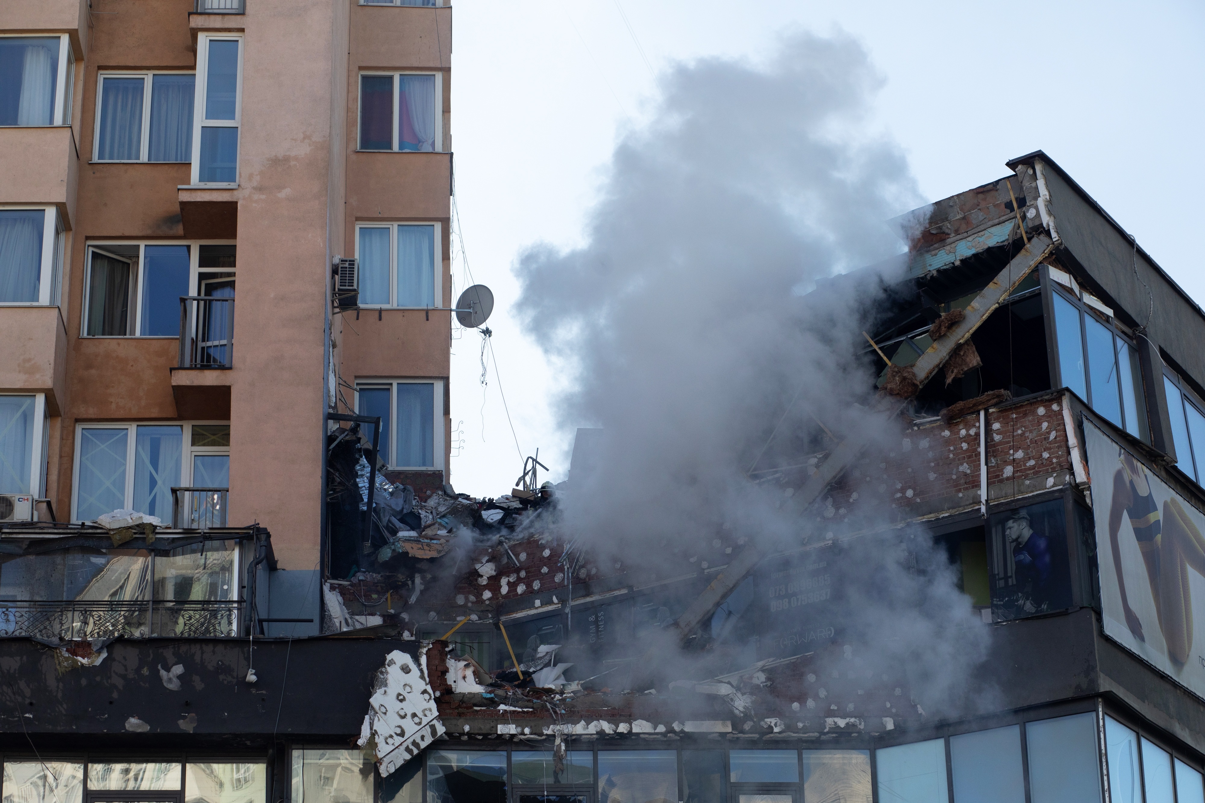 A damaged residential building following Russian missile strikes in Kyiv, Ukraine, on Saturday. (Bloomberg)