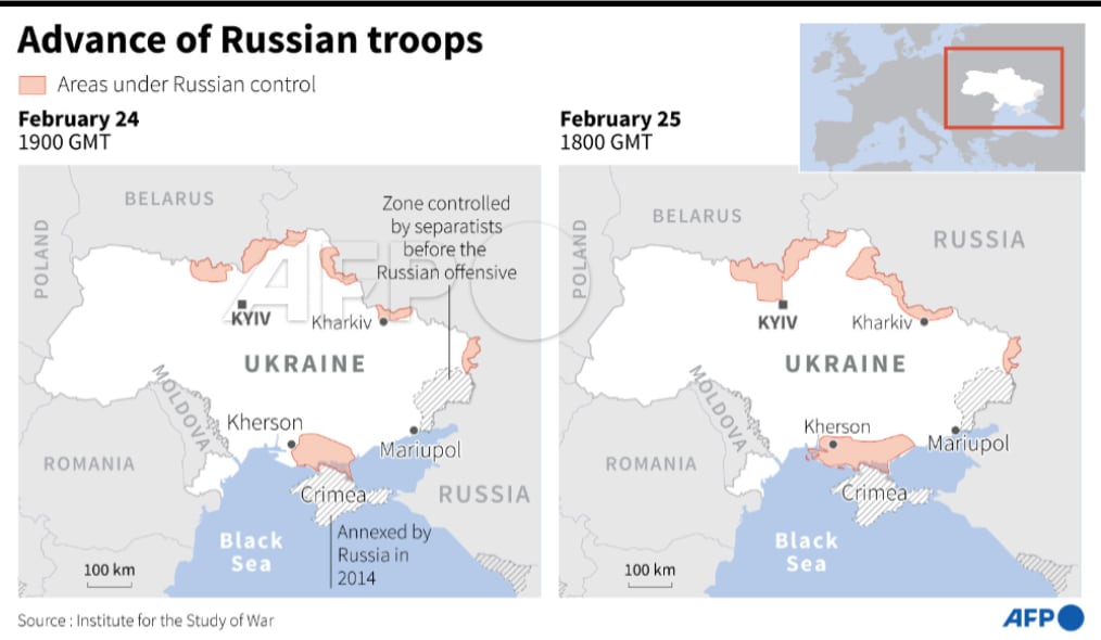Map of Ukraine locating areas under Russian control as of Febraury 24 and 25 by 1800 GMT.(Source: AFP)