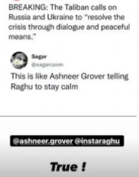 Ashneer Grover shares a meme comparing him to Russia-Taliban.