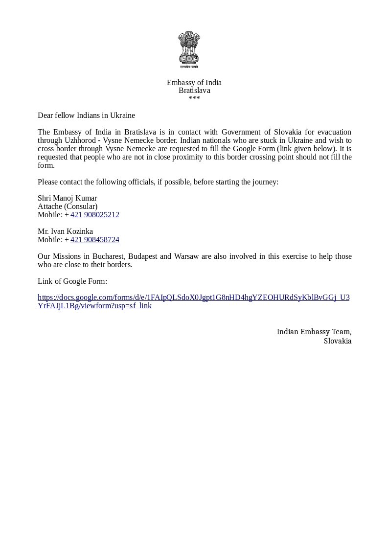 The Embassy of India in Slovakia issues advisory for Indians in Ukraine. The Embassy of India in Slovakia issues advisory for Indians in Ukraine.