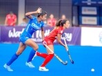 India and Spain women's hockey players in action during a match of FIH Pro League at Kalinga Stadium, in Bhubaneswar on Saturday.(ANI)