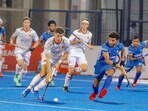 India and Spain men's hockey players in action during a match of FIH Pro League at Kalinga Stadium, in Bhubaneswar.(ANI)
