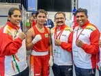 India's boxer Nikhat Zareen poses with her coaches after entering the finals of the 73rd Strandja Memorial Boxing Tournament in Sofia, Bulgaria.(PTI) India's boxer Nikhat Zareen poses with her coaches after entering the finals of the 73rd Strandja Memorial Boxing Tournament in Sofia, Bulgaria.(PTI)