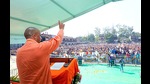 Chief Minister Yogi Adityanath addressing a public meeting for the state Assembly elections, in Gorakhpur on Sunday. (AGENCY)