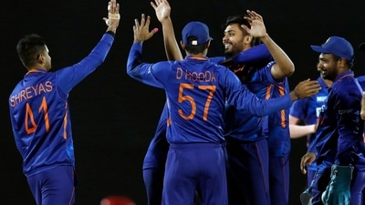 India's Avesh Khan celebrates the dismissal of Sri Lanka's Charith Asalanka during the 3rd T20I match between India and Sri Lanka, at HPCA Stadium, in Dharamsala. (ANI) India's Avesh Khan celebrates the dismissal of Sri Lanka's Charith Asalanka during the 3rd T20I match between India and Sri Lanka, at HPCA Stadium, in Dharamsala. (ANI)
