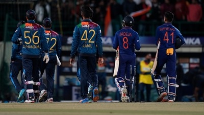 India's Shreyas Iyer, right, and Ravindra Jadeja, second right, leave the field with Sri Lankan players after India won the third Twenty20 international (AP)