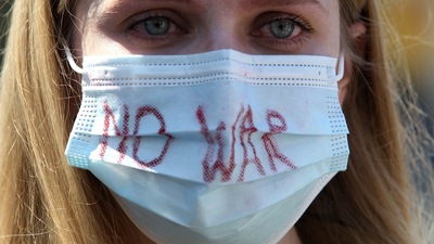 A member of the Ukrainian community takes part in a demonstration against the Russian invasion in Ukraine in Guadalajara, Mexico. (AFP)